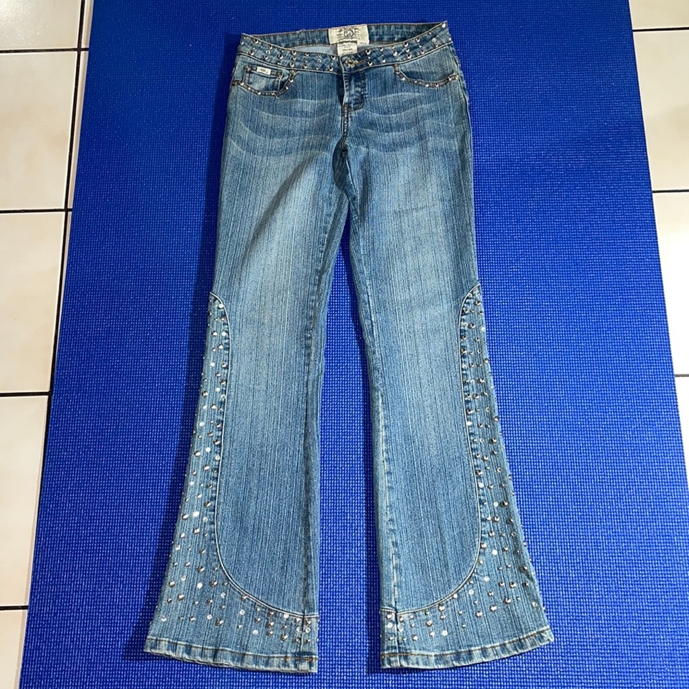 y2k fashion: vintage Tell Denim Works embellished flare jeans. Size 3
